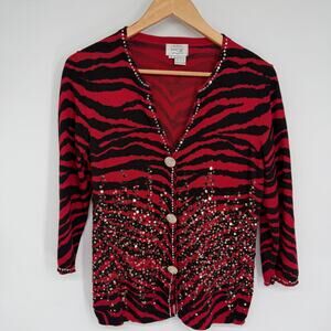 Vintage Just B Cardigan Women’s Small Sequins Zebra Print Rhinestone Buttons